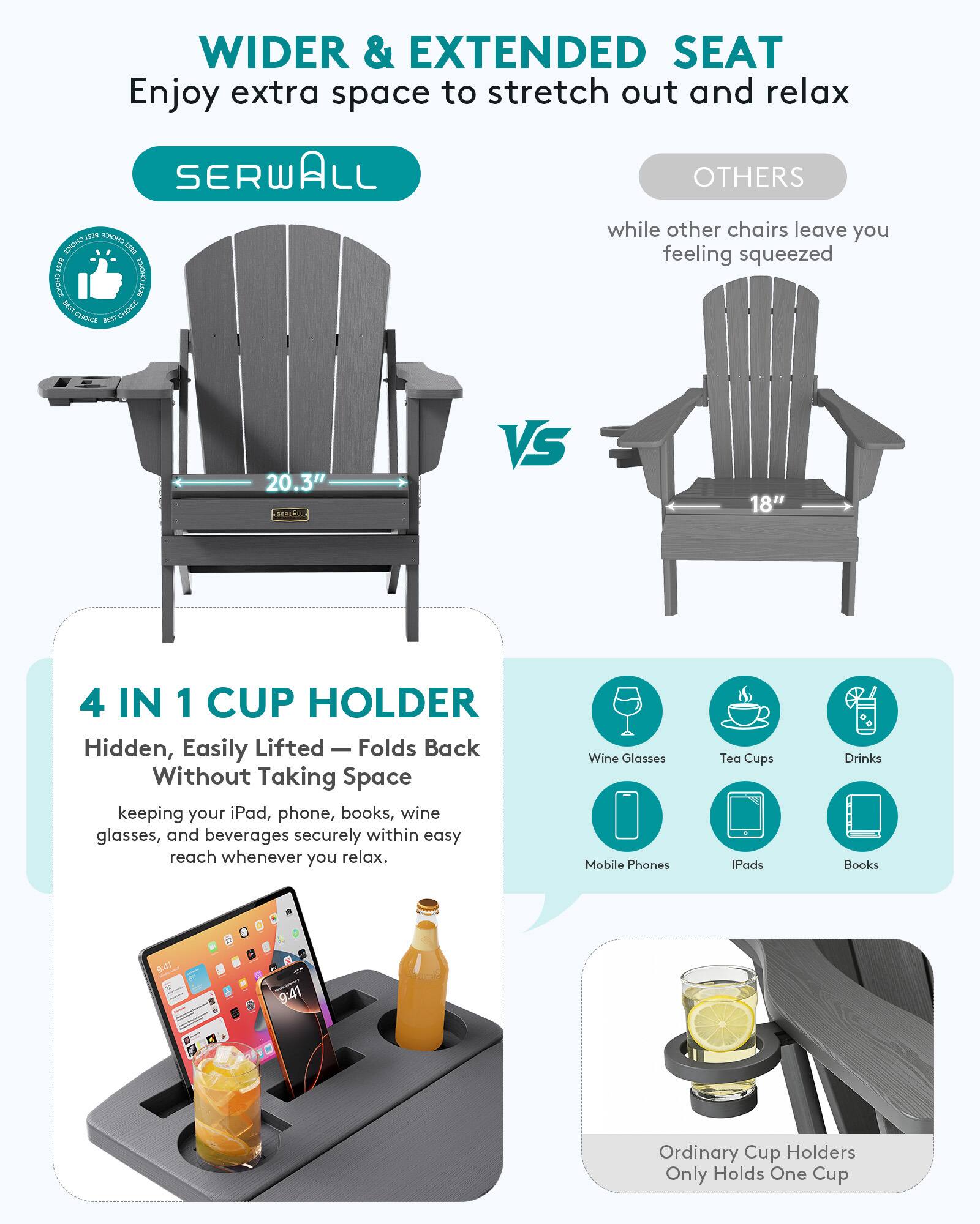 WIDER & EXTENDED SEAT  
Enjoy extra space to stretch out and relax  

SERWALL  
OTHERS  
while other chairs leave you feeling squeezed  

20.3"  
VS  
18"  

4 IN 1 CUP HOLDER  
Hidden, Easily Lifted — Folds Back Without Taking Space  
keeping your iPad, phone, books, wine glasses, and beverages securely within easy reach whenever you relax.  

Wine Glasses  
Tea Cups  
Drinks  
Mobile Phones  
IPads  
Books  

Ordinary Cup Holders Only Holds One Cup