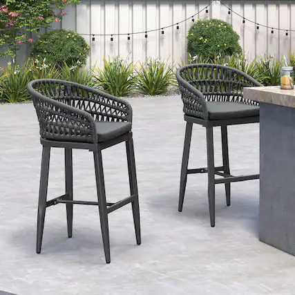 Front. PURPLE LEAF - Outdoor Counter/Bar Height StoolsRattan Wicker Bar Chairs Woven Aluminum Barstools Set of 2 with Back and Cushions - Grey-Bar Stool.
