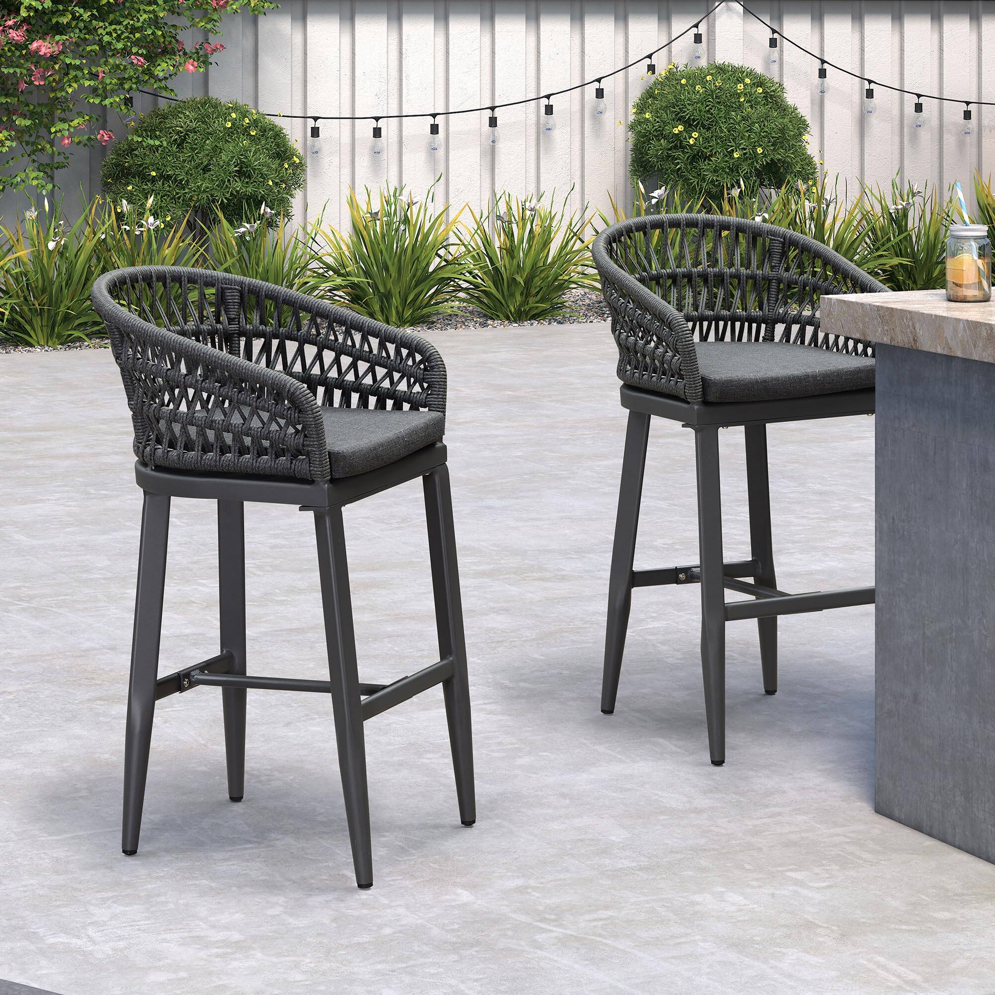 Alt View 6. PURPLE LEAF - Outdoor Counter/Bar Height StoolsRattan Wicker Bar Chairs Woven Aluminum Barstools Set of 2 with Back and Cushions - Grey-Bar Stool.