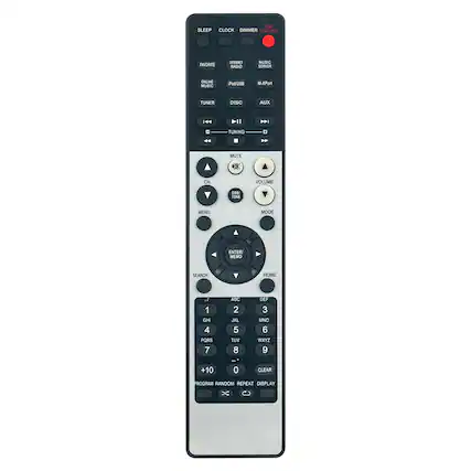 Sure, here is the corrected and grouped text from the image:
---
**Top Section:**
- SLEEP
- CLOCK
- DIMMER
- STANDBY
- ON/STANDBY
**Middle Section:**
- FAVORITE
- INTERNET RADIO
- ONLINE MUSIC
- iPod
- TUNER
- DISC
- AUX
- TUNING
- MUTE
- CH
- VOLUME
- TONE
- MENU
- MODE
- ENTER
- MEMO
- SEARCH
- HOME
**Number Pad:**
- 1 GHI
- 2 JKL
- 3 MNO
- 4 PQRS
- 5 TUV
- 6 WXYZ
- 7
- 8
- 9
- 0
- CLEAR
**Bottom Section:**
- PROGRAM
- RANDOM
- REPEAT
- DISPLAY
---
This text is organized based on the layout of the remote control.