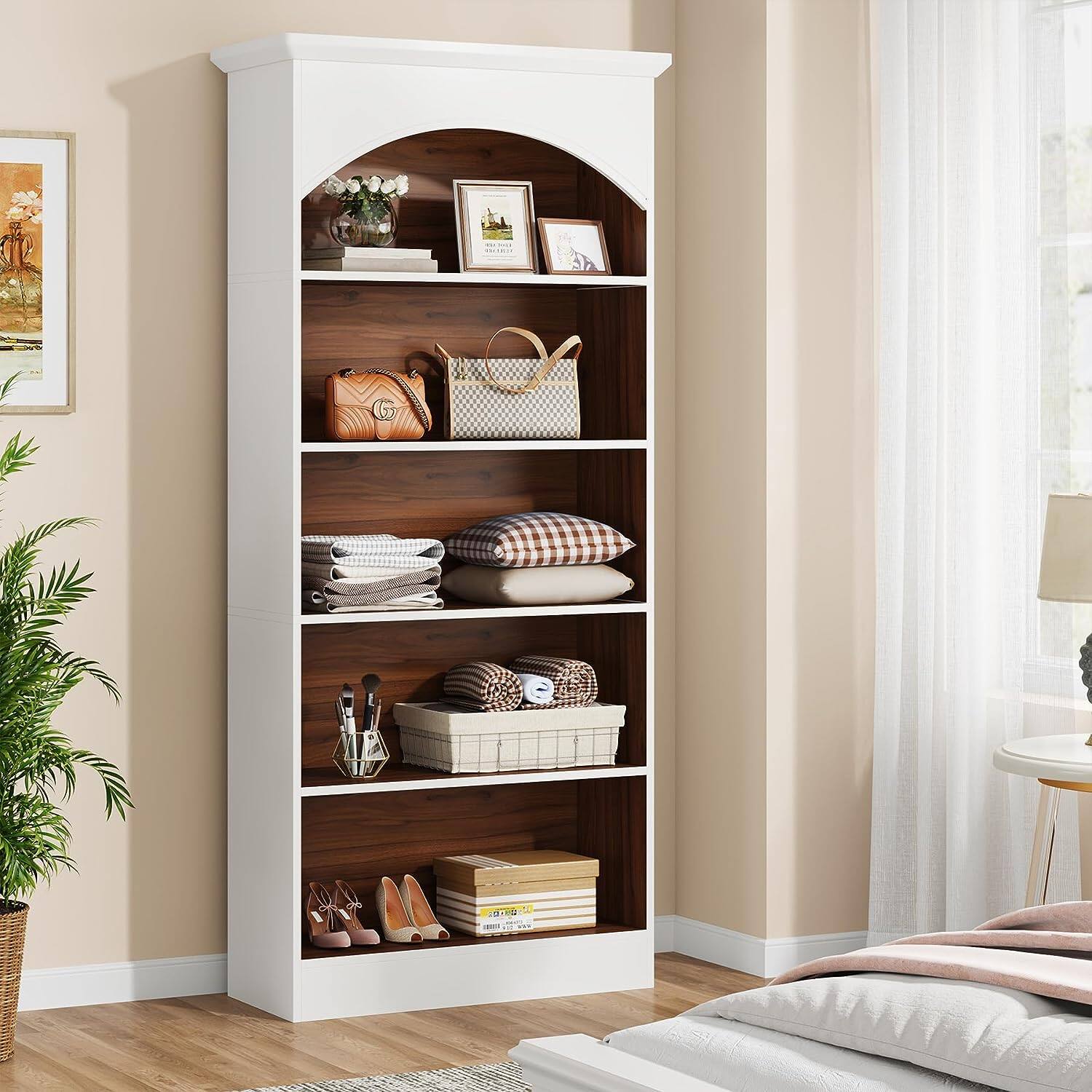 Back. Tribesigns - Bookshelf with Engineered Wood Construction and Book and Decor Display for Living Room, Study and Bedroom - White.