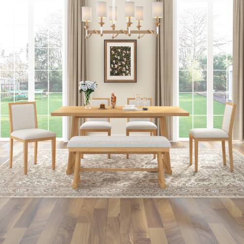 Back. LUCKY ONE - 6-Piece Rustic Farmhouse Dining Set with Rectangular Dining Table, Bench and 4 Upholstered Linen Chairs - Natural.