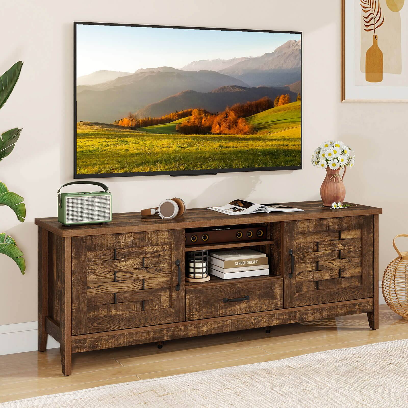 Alt View 3. Costway - Costway TV Stand with 2 Woven Accent Doors, Storage Drawer 3 Adjustable Shelves for 65" TVs - Rustic Brown.