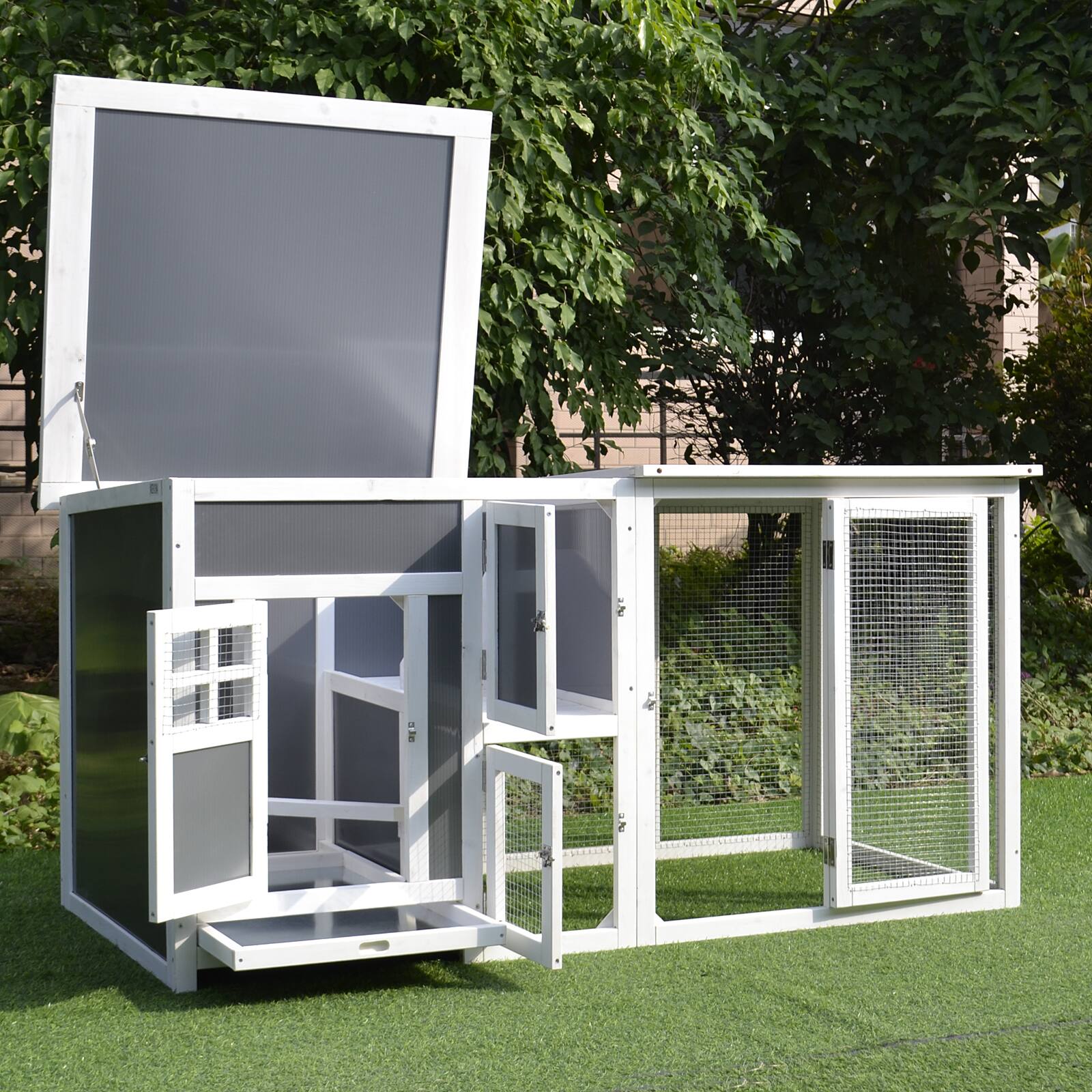 Alt View 4. Pawhut - 63" Outdoor Chicken Coop Wooden, Run Area, Nesting Box, Hen House with Waterproof Roof, Removable Tray.