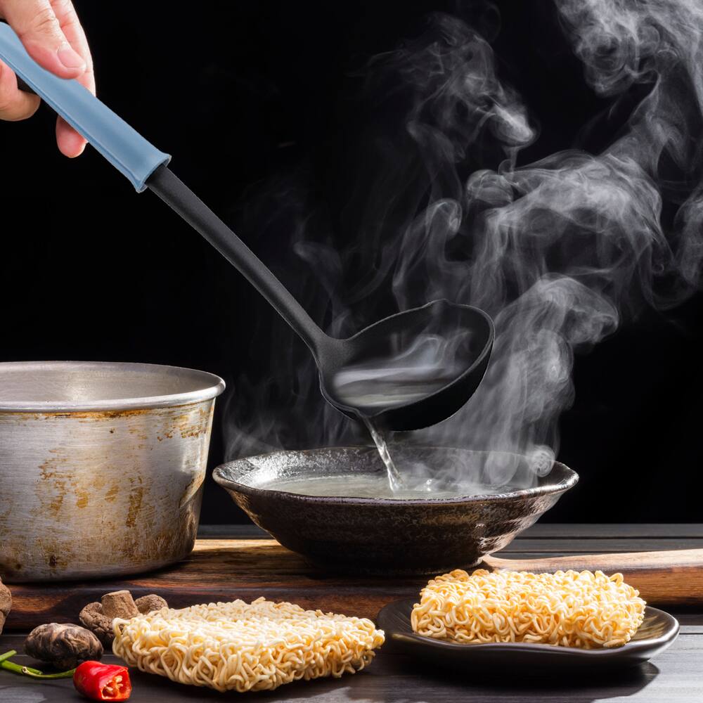 Left. Empava - 5 Pcs Kitchen Utensil With Spoon Rest, Ladle, Spaghetti Spoon, Slotted Turner, Solid Spoon, Slotted Spoon - Black & Gray-blue.