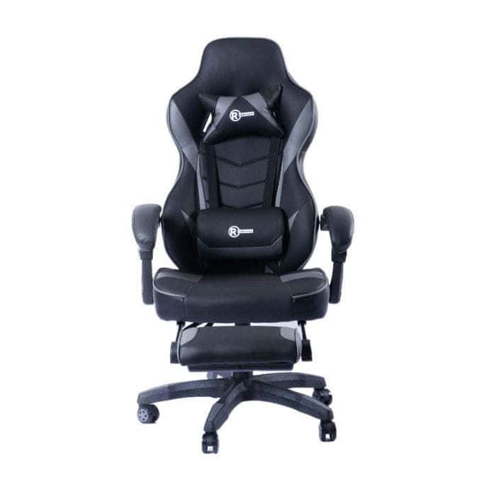 Front. RadioShack - RadioShack Gaming Chair Black And Gray, Ergonomic Racing-Style Chair With Adjustable Height, Footrest, Lumbar Support - Black.