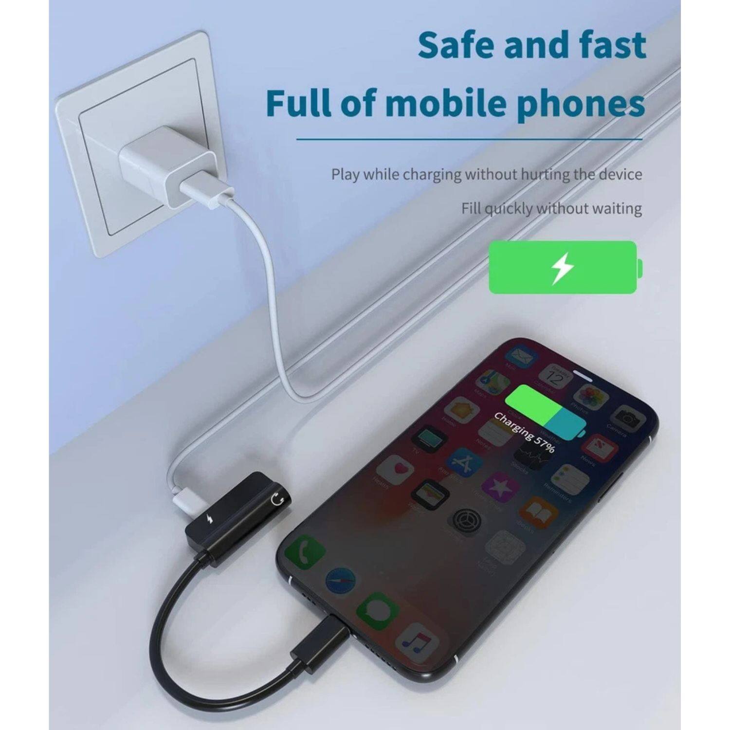 Safe and fast  
Full of mobile phones  
Play while charging without hurting the device  
Fill quickly without waiting  

Charging 57%