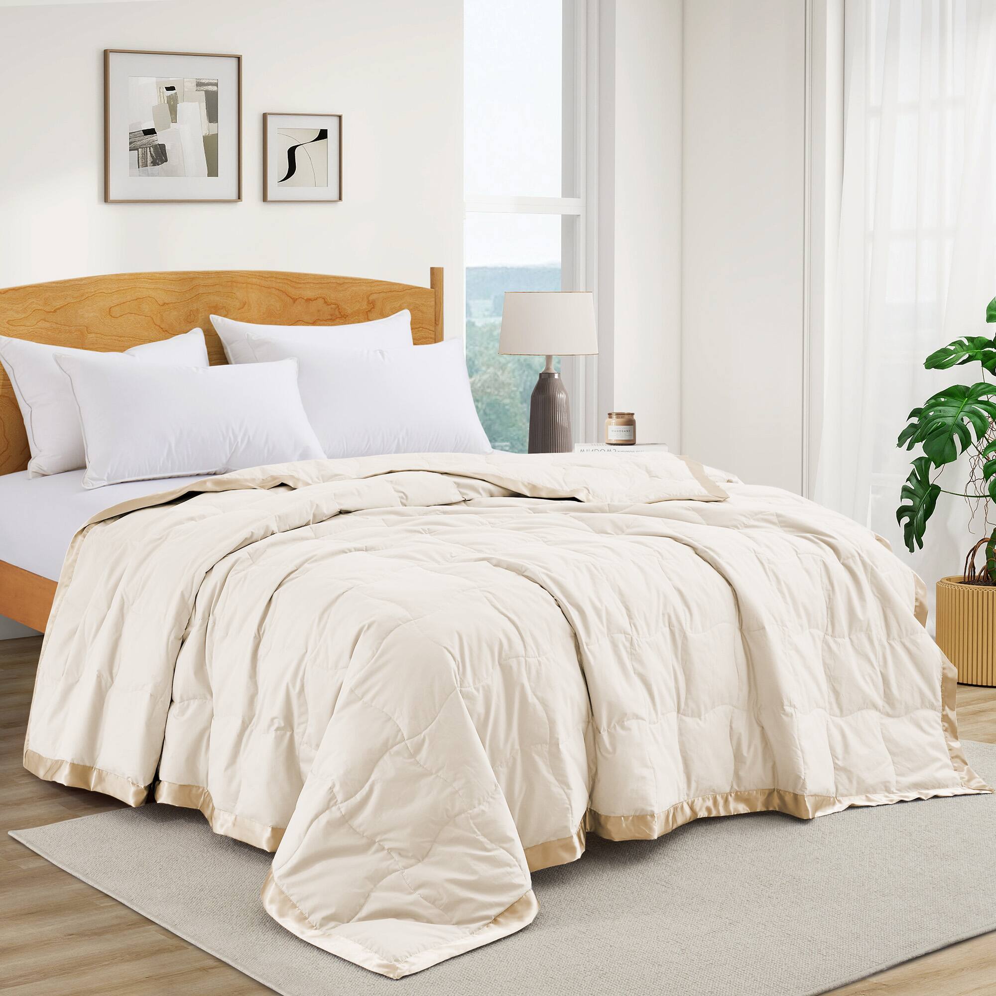 Angle. Peace Nest - Peace Nest Ultra-Lightweight Down Blanket with Satin Trim, Ivory, 90x90 inches - Ivory.