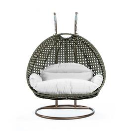 LeisureMod - 2-Person Wicker Egg Swing Chair with Stand & Washable Cushions - Indoor/Outdoor Double Hanging Patio Chair - White
