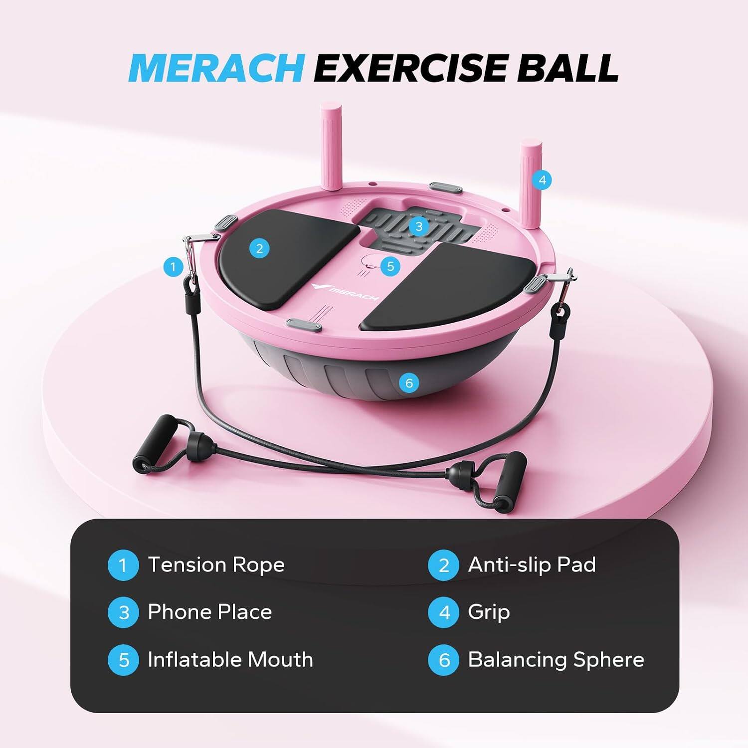 MERACH EXERCISE BALL

1. Tension Rope
2. Anti-slip Pad
3. Phone Place
4. Grip
5. Inflatable Mouth
6. Balancing Sphere