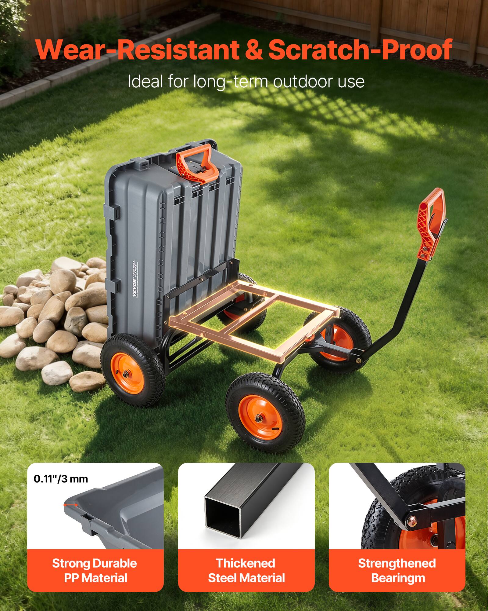 Wear-Resistant & Scratch-Proof  
Ideal for long-term outdoor use  

0.11"/3 mm  
Strong Durable PP Material  
Thickened Steel Material  
Strengthened Bearing