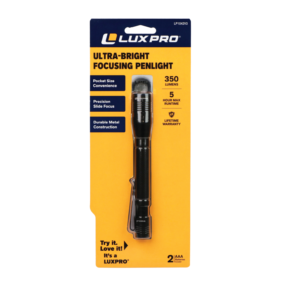 LP1042V3 LUX PRO ULTRA-BRIGHT FOCUSING PENLIGHT  
Pocket Size Convenience  
Precision Slide Focus  
Durable Metal Construction  
LIFETIME WARRANTY  

350 LUMENS  
5 HOUR MAX RUNTIME  

Try it. Love it! It's a LUXPRO'  
AAA 2 Batteries