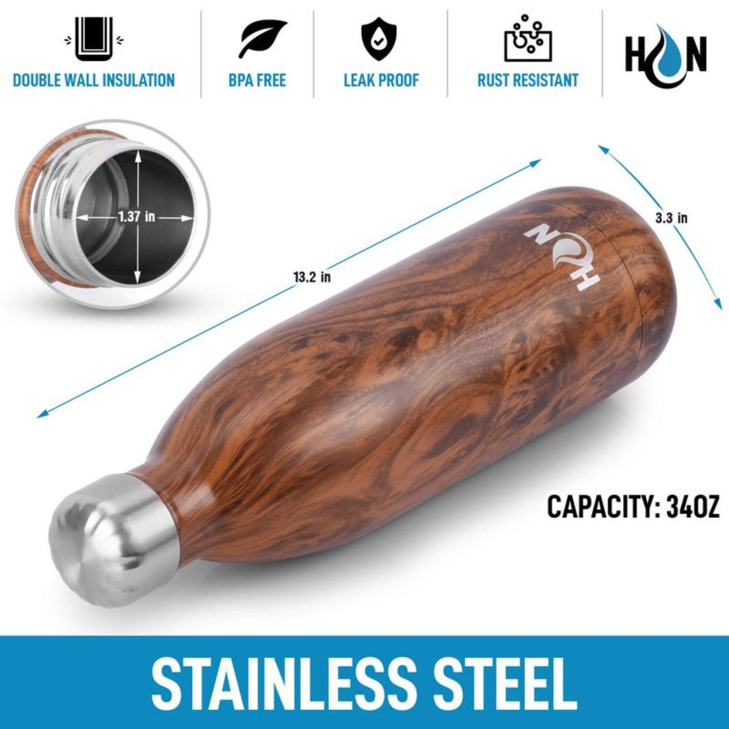 DOUBLE WALL INSULATION  
BPA FREE  
LEAK PROOF  
RUST RESISTANT  

1.37 in  
13.2 in  
3.3 in  

CAPACITY: 34OZ  

STAINLESS STEEL