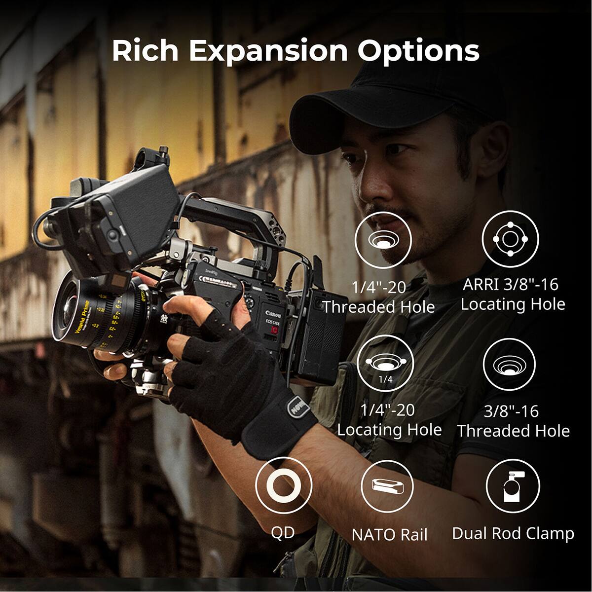 Rich Expansion Options

1/4"-20 ARRI 3/8"-16 Threaded Hole Locating Hole

1/4"-20 3/8"-16 Locating Hole Threaded Hole

QD

NATO Rail

Dual Rod Clamp