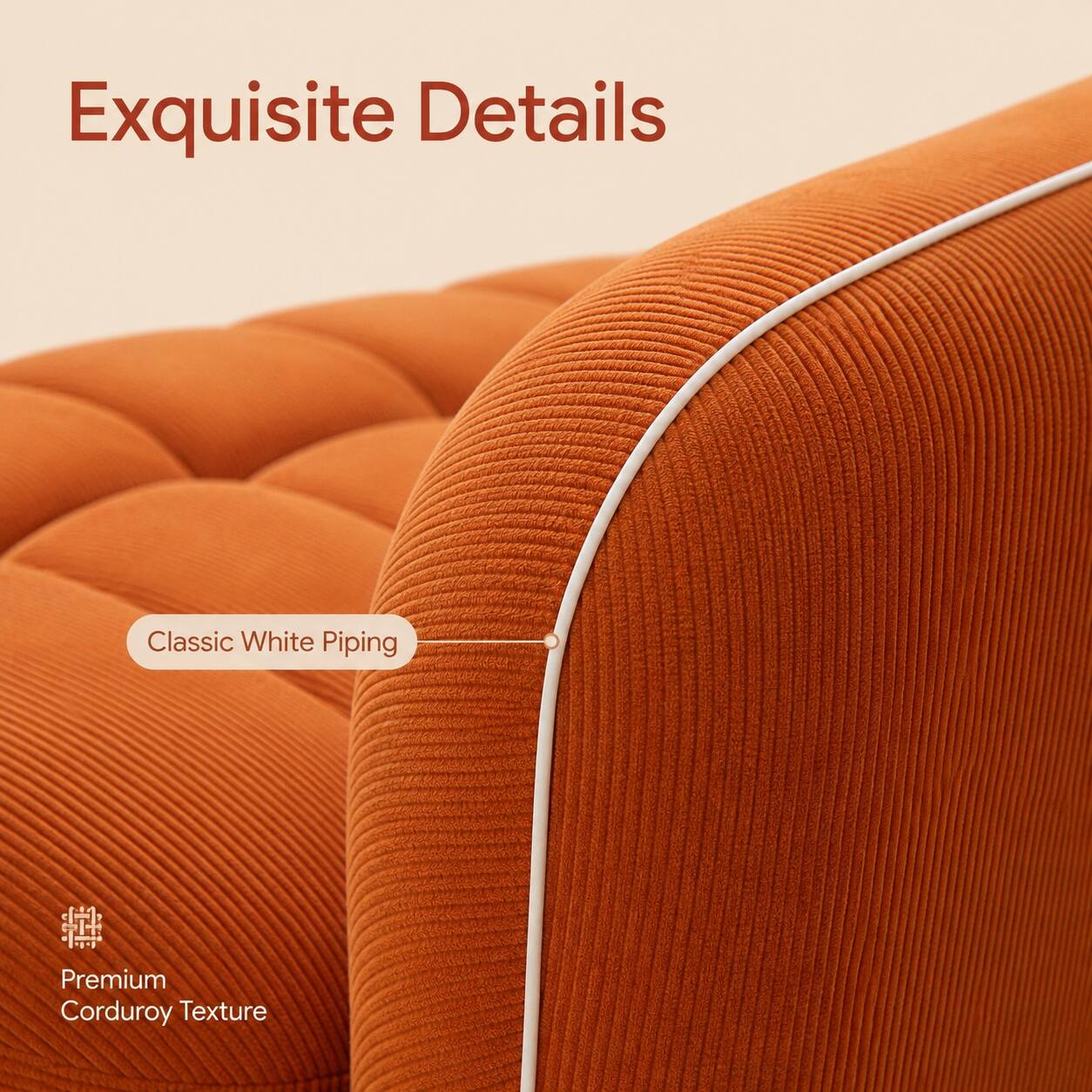 Exquisite Details

Classic White Piping

Premium Corduroy Texture