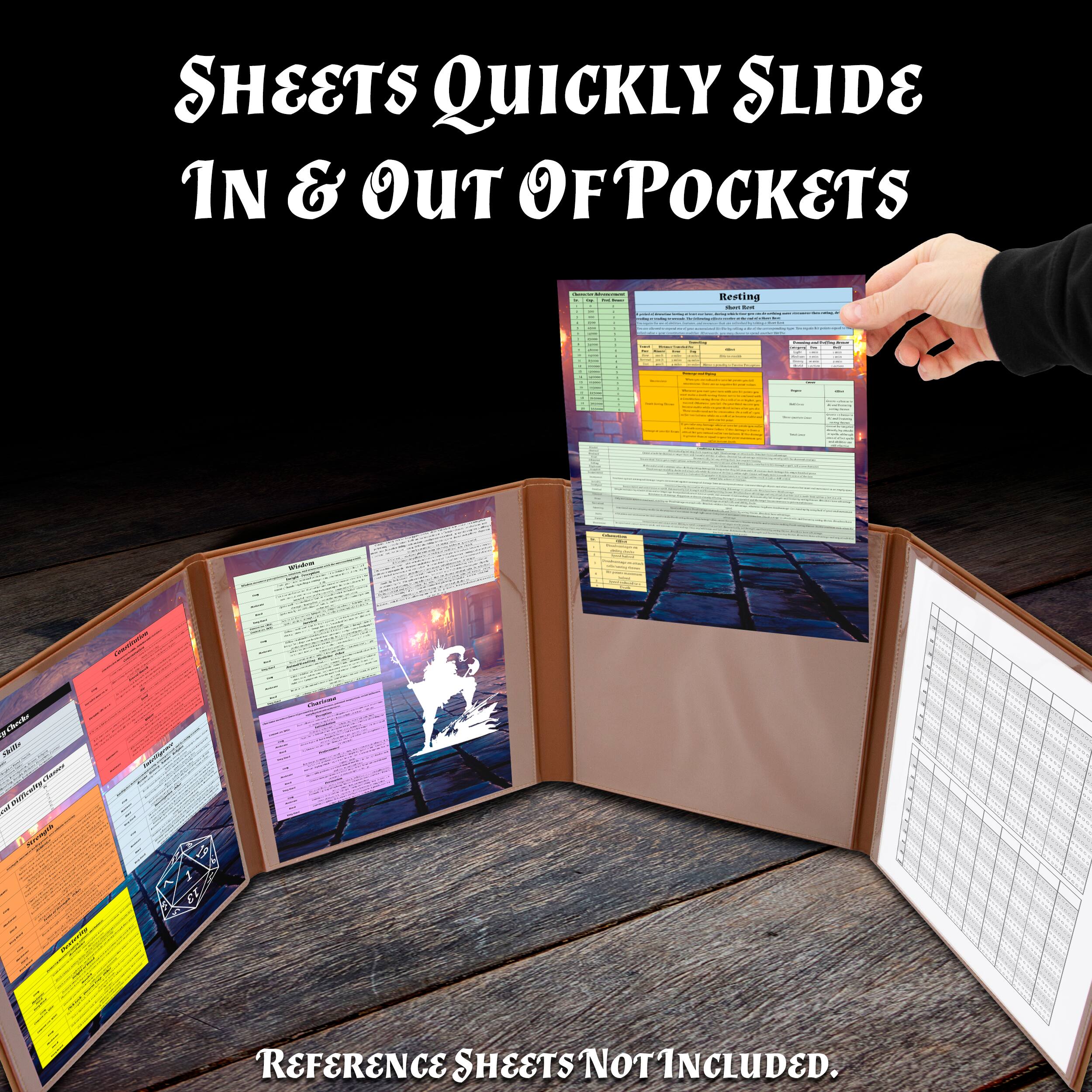 Sheets quickly slide in & out of pockets.  
Reference sheets not included.