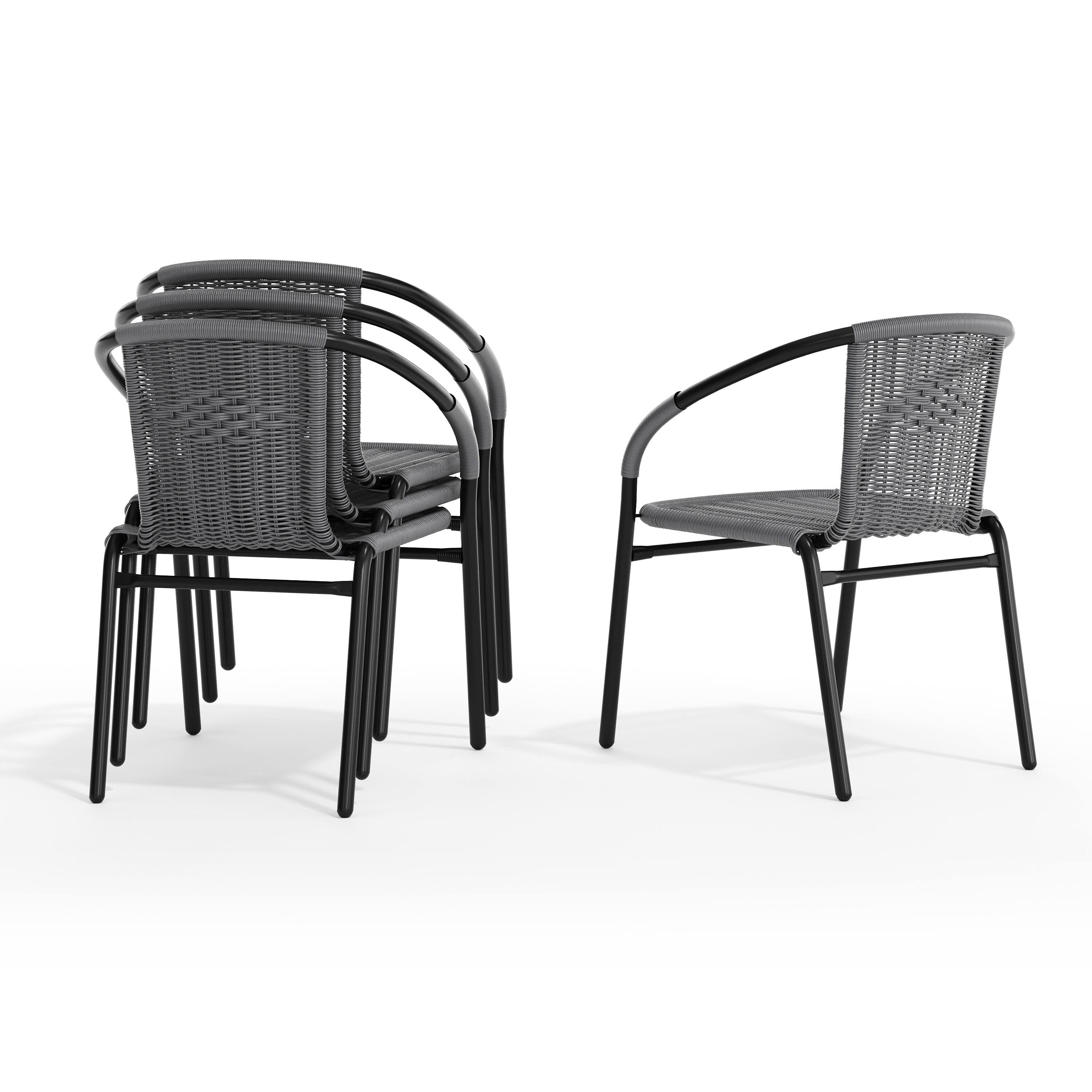Alt View 10. Emma + Oliver - 4 Pack Rattan Indoor-Outdoor Restaurant Stack Chair with Curved Back - Gray.