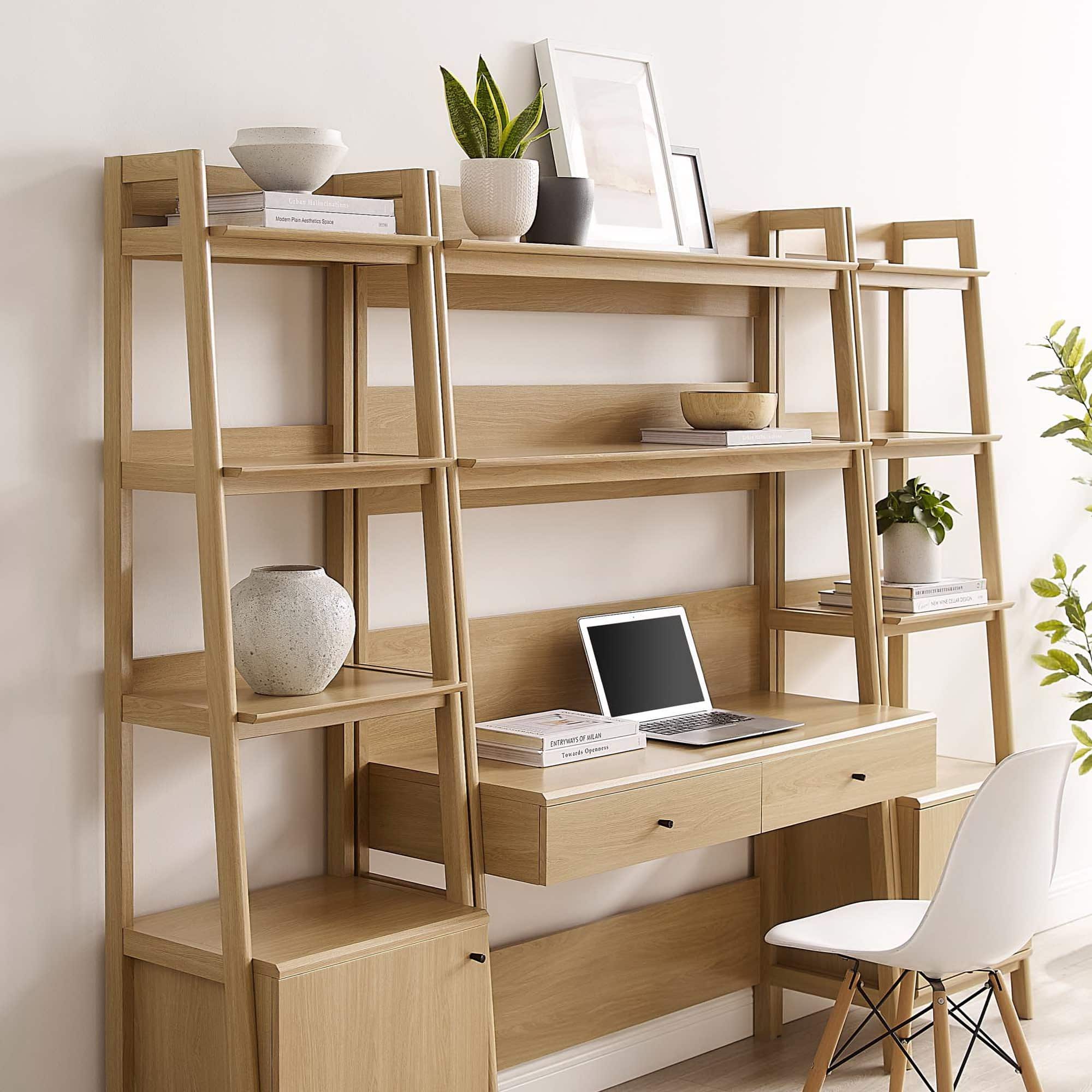 Bixby 3-Piece Wood Office Desk and Bookshelf by Modway - Oak