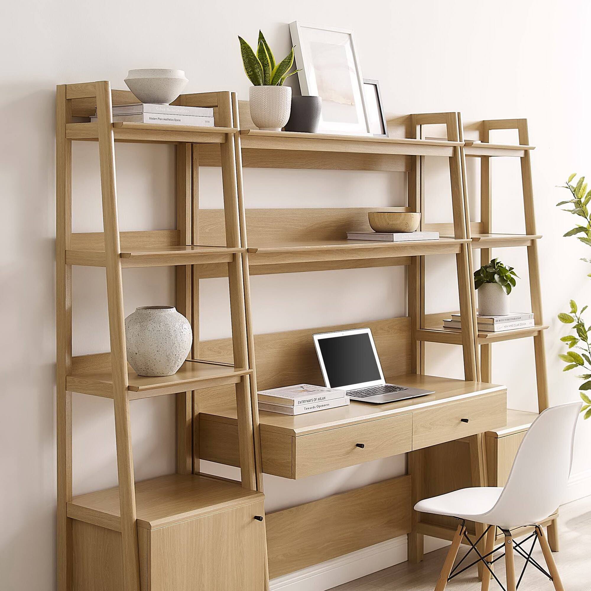 Bixby 3-Piece Wood Office Desk and Bookshelf by Modway - Oak