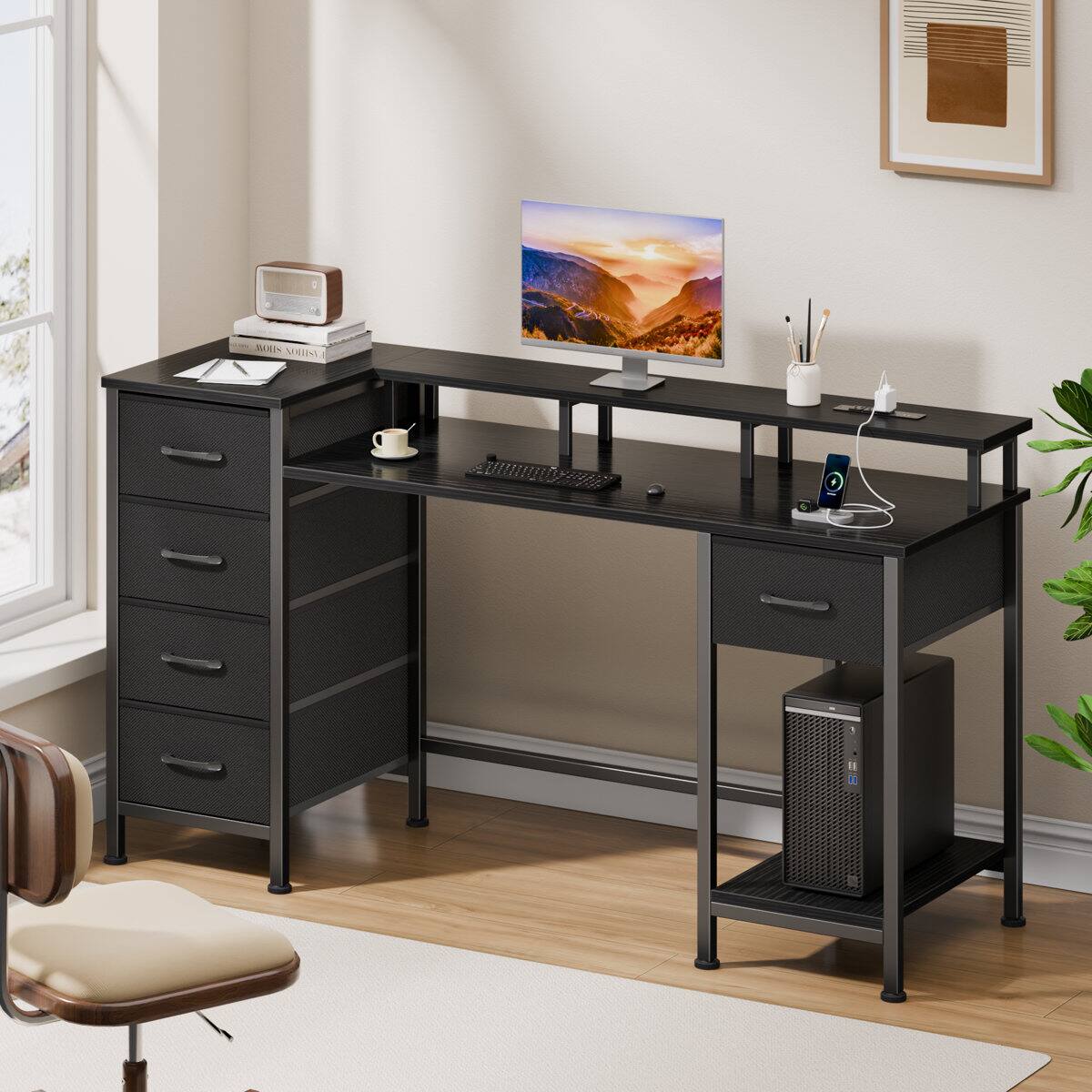 Alt View 1. Furnulem - 47 Inches Computer Desk with Monitor Stand Charging Station  LED Lights Gaming Desk with Drawers for Home Office - Black.