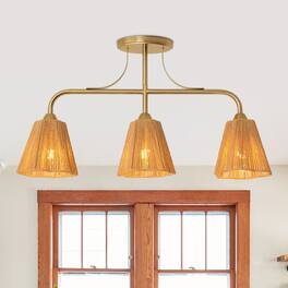 Parrot Uncle - 30" Modern 3-Light Kitchen Island Chandelier with Natural Woven Rope Shades for Dining Room - Gold