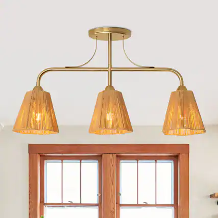 Front. Parrot Uncle - 30" Modern Gold 3-Light Kitchen Island Chandelier with Natural Woven Rope Shades for Dining Room - Gold.