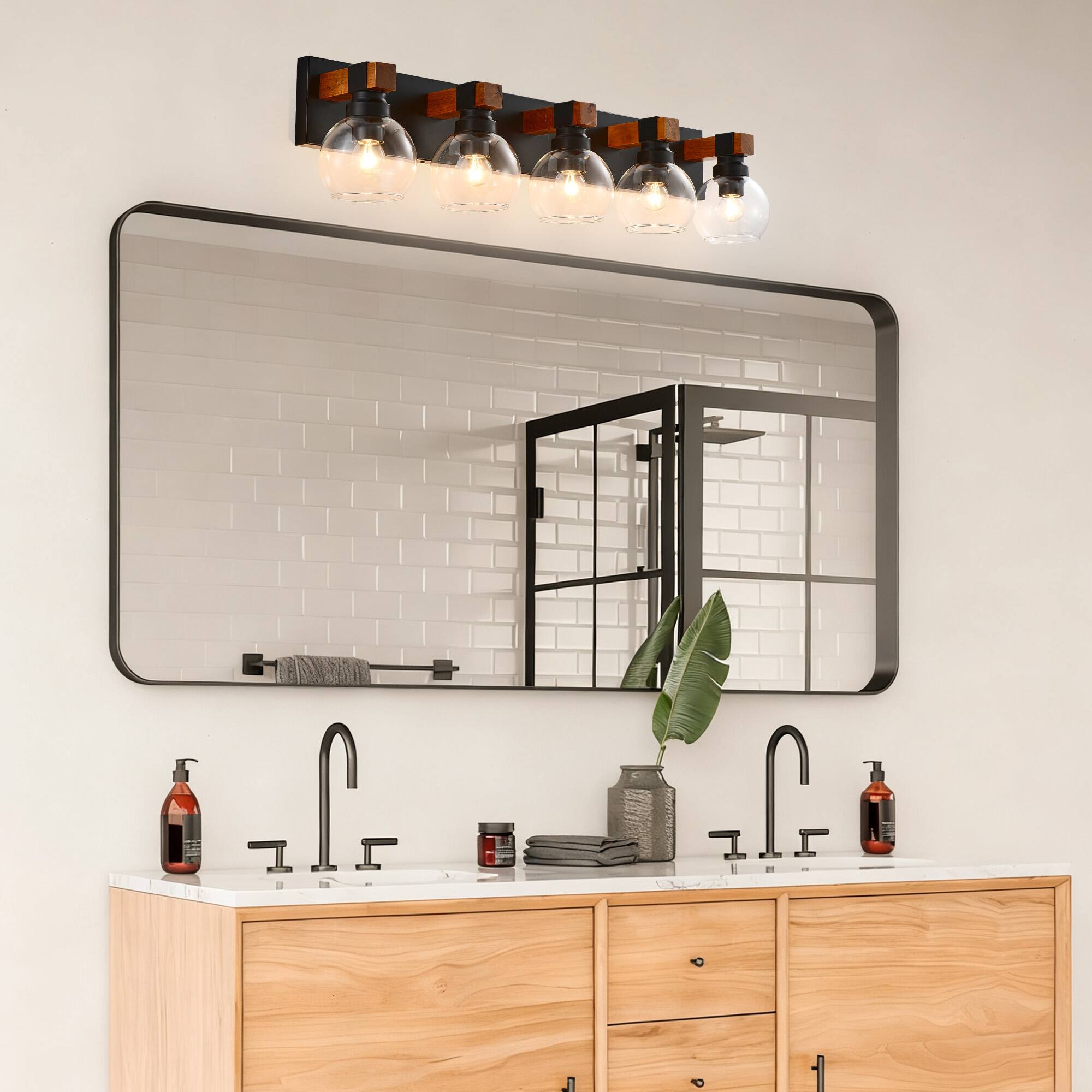 Alt View 2. RYHNUYNE - 5 Light Bathroom Vanity Light Fixtures, Black and Gold Wood Bathroom Light Fixtures Over Mirror, Farmhouse Wall Sconces - Black and Gold.