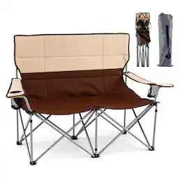 Gymax - Double Camping Chair w/Carry Bag 2 Cup Holders Premium Oxford Fabric for Lawn Khaki - Brown