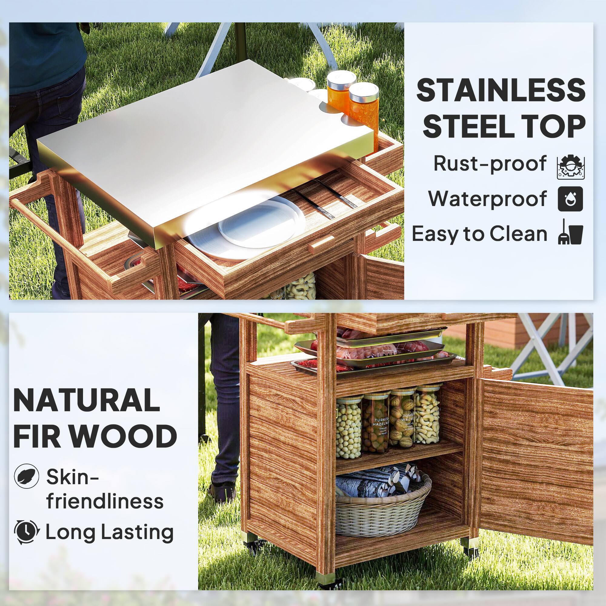 STAINLESS STEEL TOP Rust-proof Waterproof Easy to Clean
NATURAL FIR WOOD Skin-friendliness Long Lasting