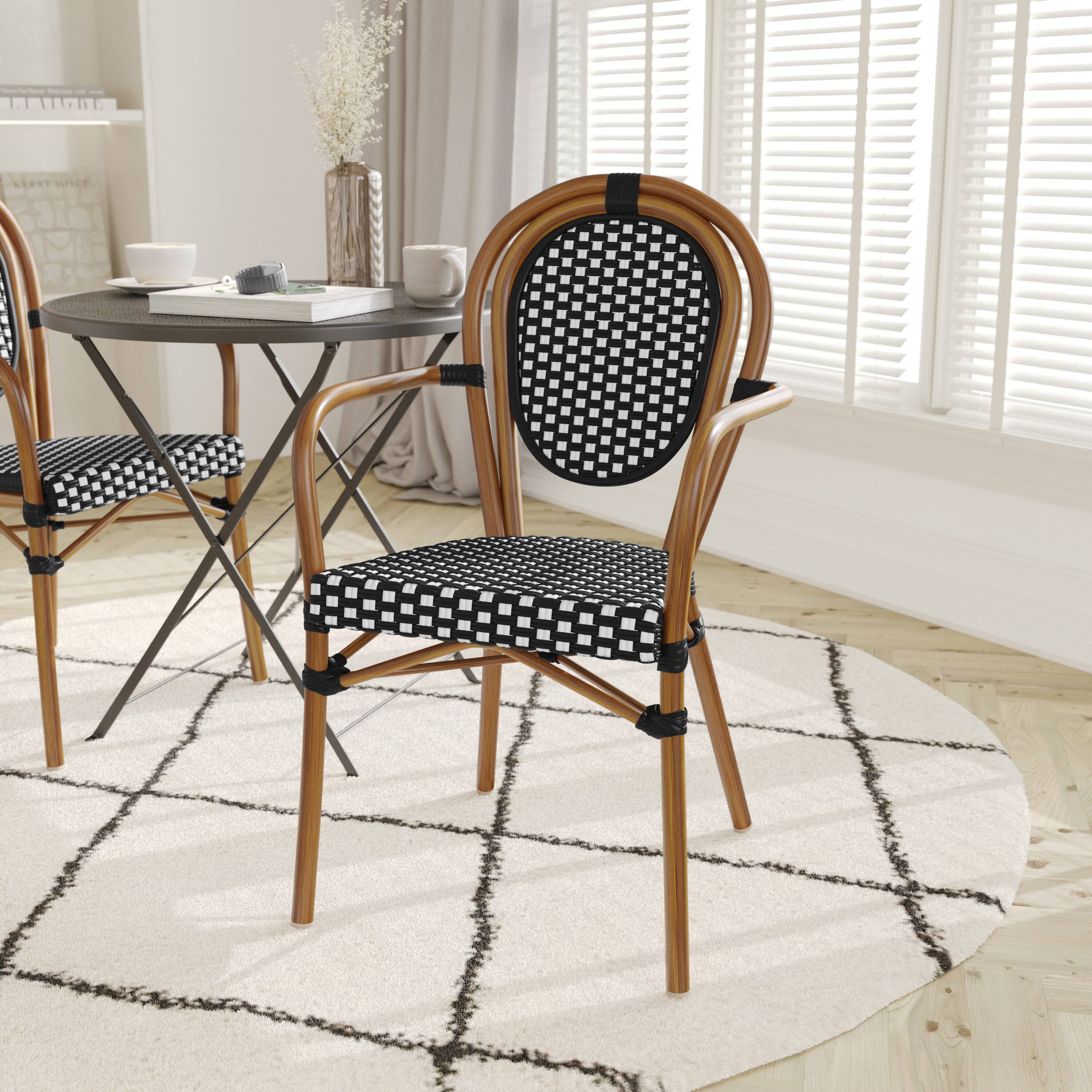 Alt View 2. Emma + Oliver - 2 Pack Stacking Bistro Chair with Bamboo Print Metal Frame - Black/Natural Frame.