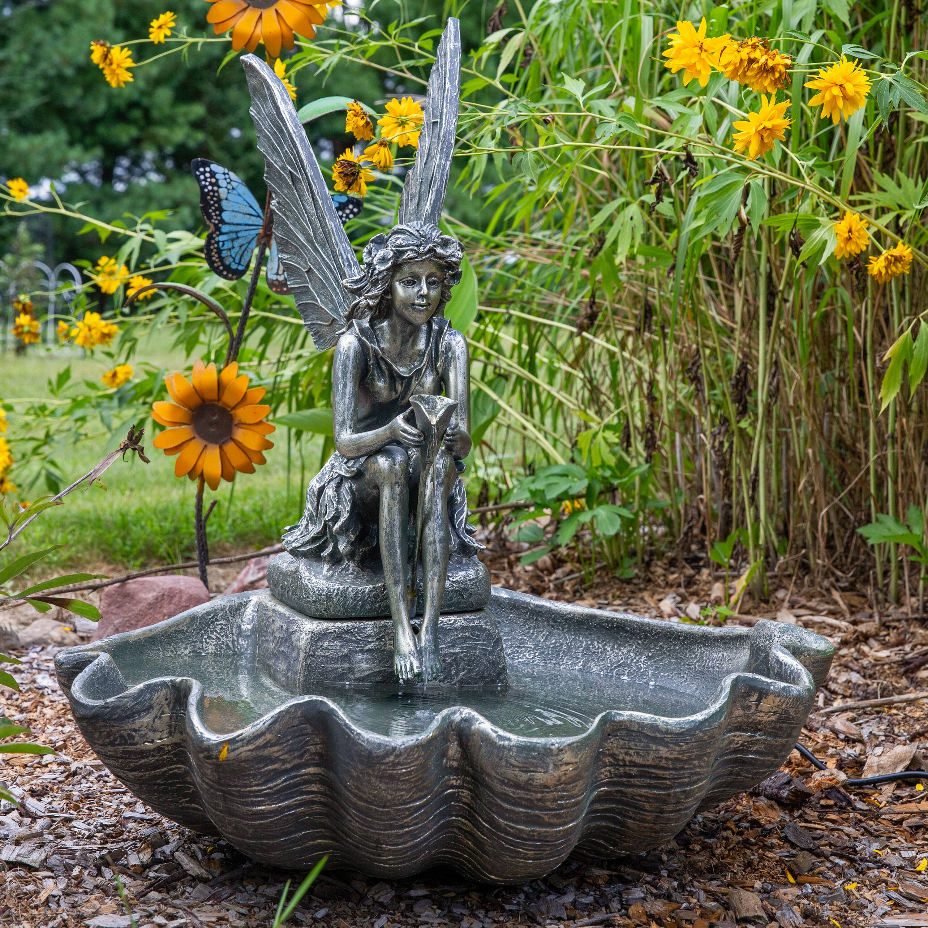 Alt View 9. Sunnydaze - Fiberglas Fairy Shell Outdoor Water Fountain - 30 in - Bronze.