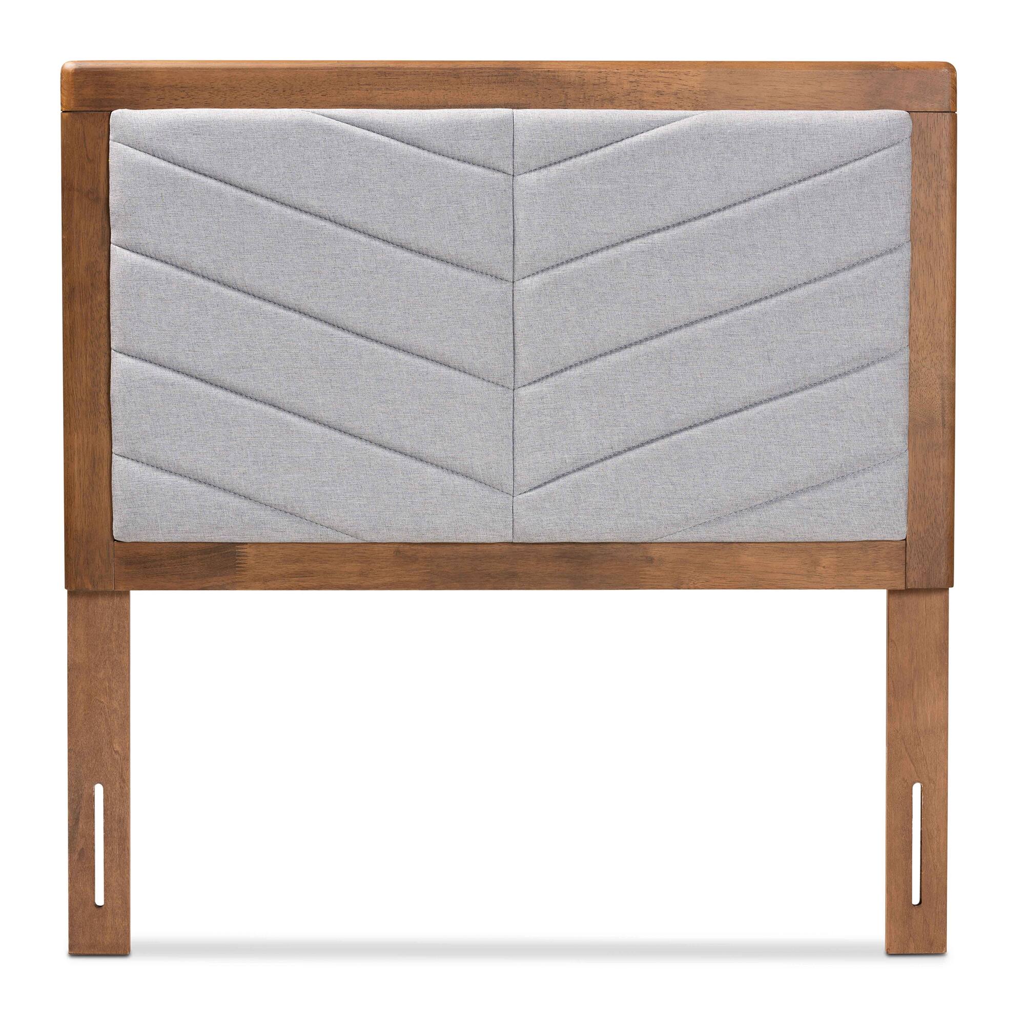 Angle. Baxton Studio - Iden Modern and Contemporary Fabric Upholstered and Finished Wood Twin Size Headboard - Light Grey/Walnut Brown.