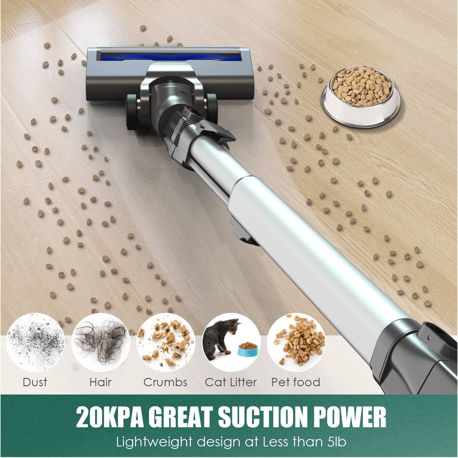 Dust, Hair, Crumbs, Cat Litter, Pet food, 20KPA GREAT SUCTION POWER, Lightweight design at Less than 5lb