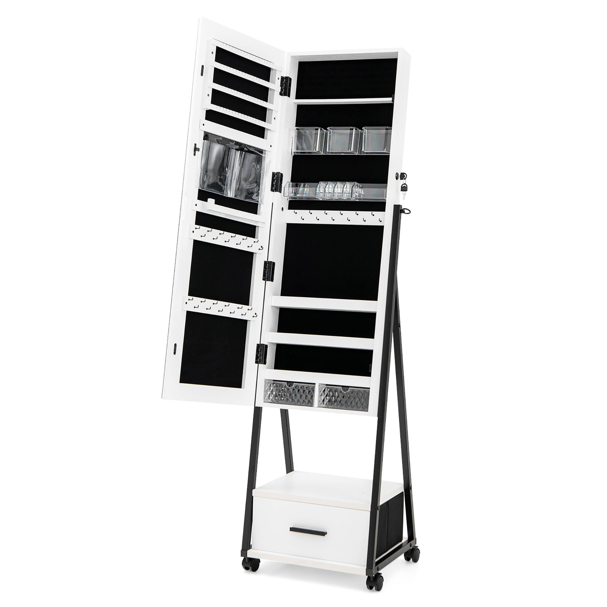 Alt View 1. Costway - Jewelry Cabinet Armoire Full Length Mirror Lockable w/ Bottom Drawer & Wheels White - White.