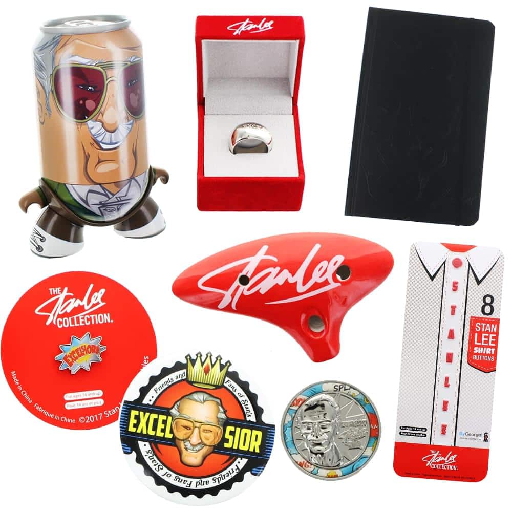 Toynk - Stan Lee Collector's Bundle with Button Pin, Coin, Replica Ring and More, Set of 8 - Red
