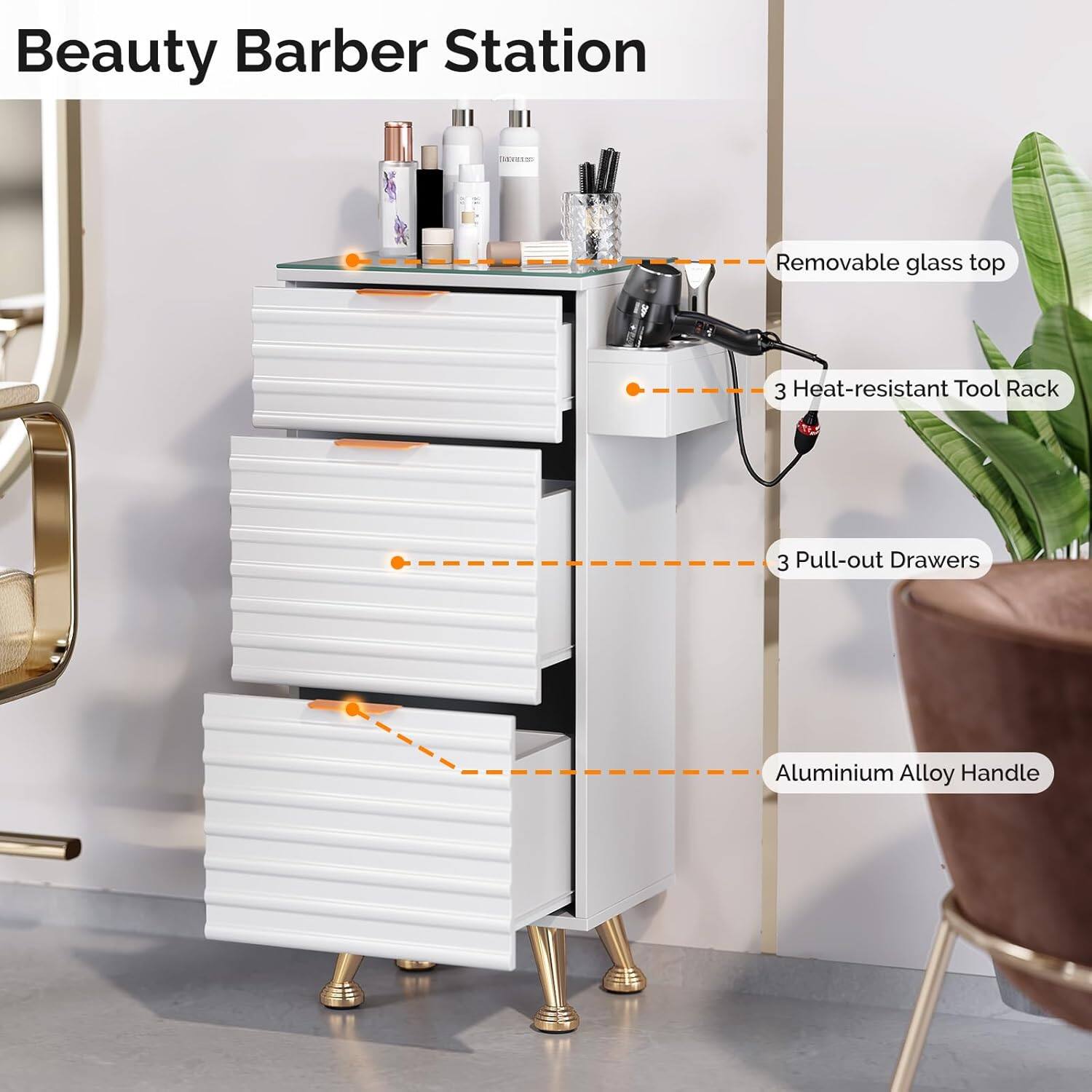 Beauty Barber Station EVOEN

- Removable glass top
- 3 Heat-resistant Tool Rack
- 3 Pull-out Drawers
- Aluminium Alloy Handle