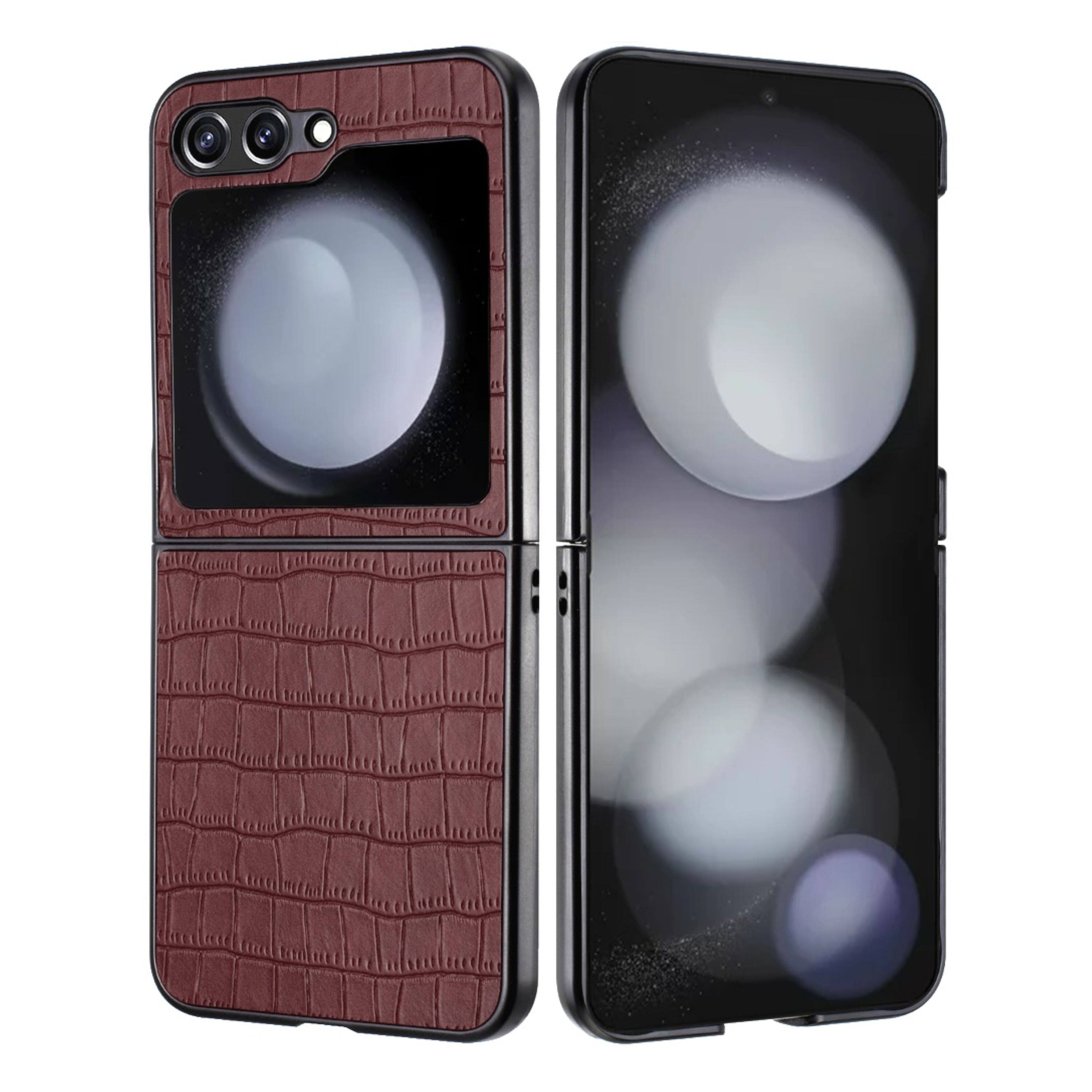 Angle. Kitcheniva - Vegan Leather Croc Design Hard Snap On Phone Case For Samsung Galaxy Z Flip6 Brown - Brown.