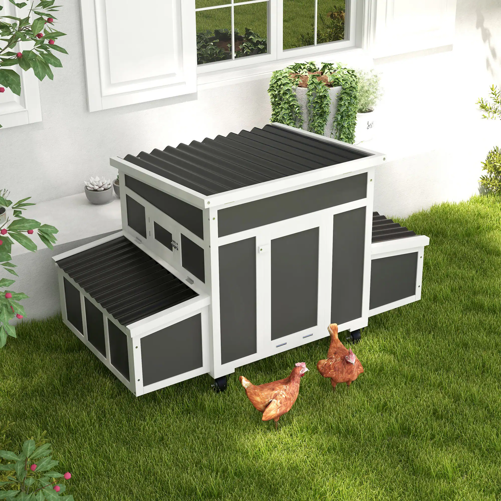 Angle. Pawhut - Wooden Chicken Tractor for 6 Chickens, Outdoor Poultry Rabbit Duck Coop, Hen House with Nesting Box, Tray, Windows.