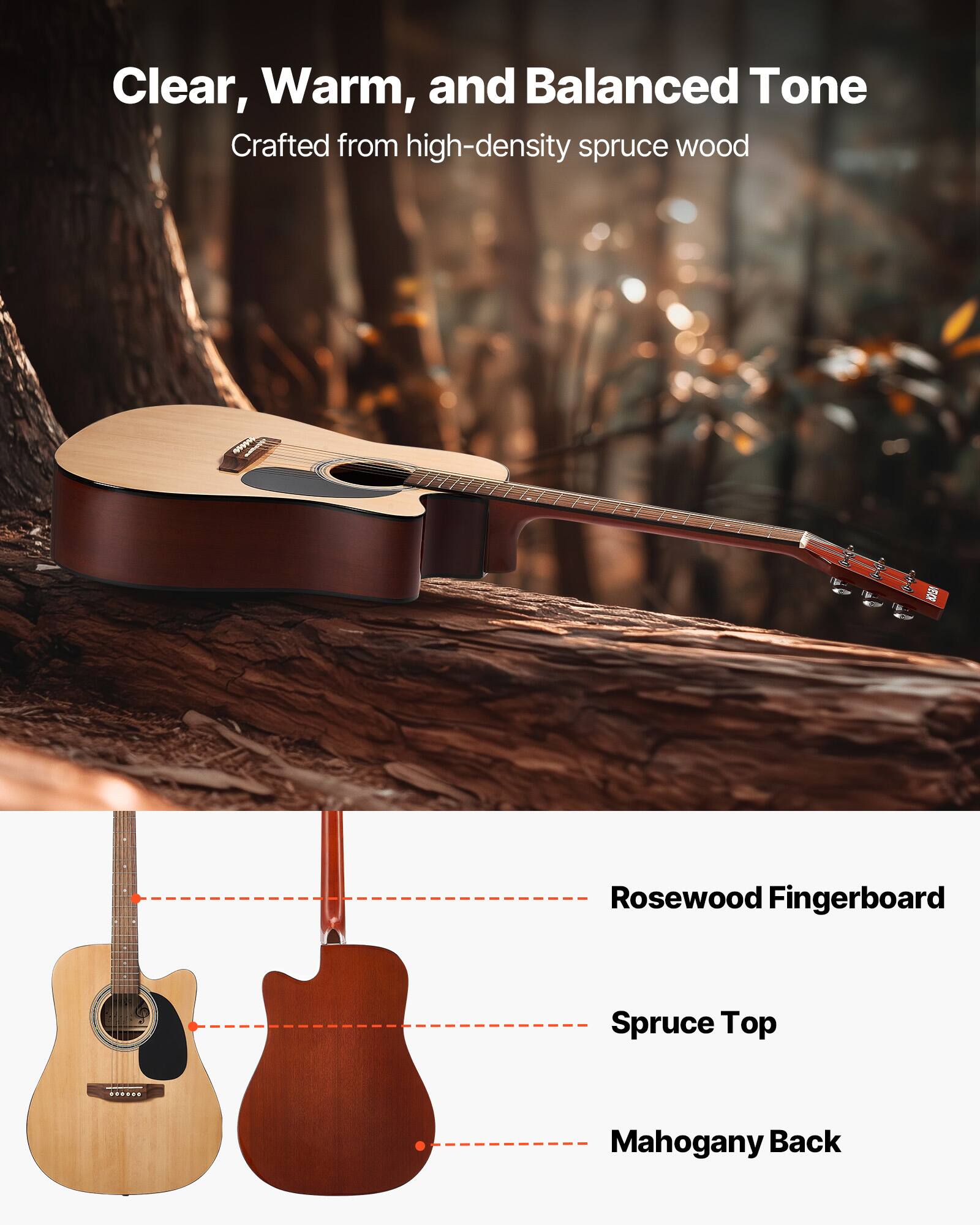 Clear, Warm, and Balanced Tone  
Crafted from high-density spruce wood  

- Rosewood Fingerboard  
- Spruce Top  
- Mahogany Back