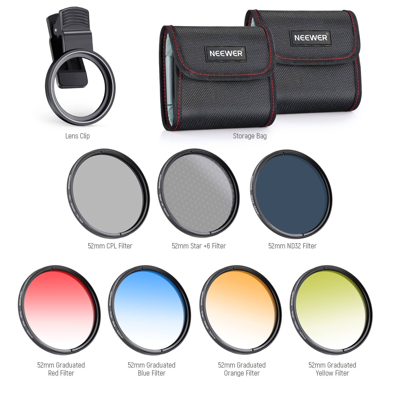 NEEWER Lens Clip Storage Bag  
52mm CPL Filter  
52mm Star +6 Filter  
52mm ND32 Filter  
52mm Graduated Red Filter  
52mm Graduated Blue Filter  
52mm Graduated Orange Filter  
52mm Graduated Yellow Filter