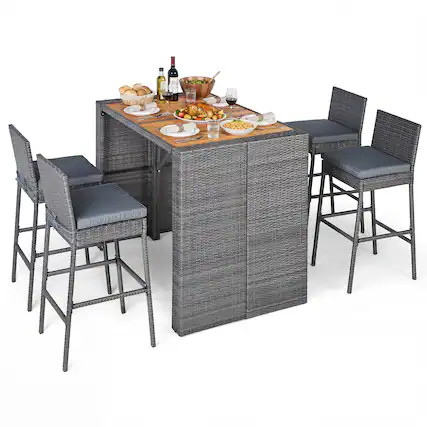 Front. Costway - Costway 5-Piece Patio PE Wicker Bar Set with Backrest and Footrest for Garden, Poolside - Mix Gray + Gray.