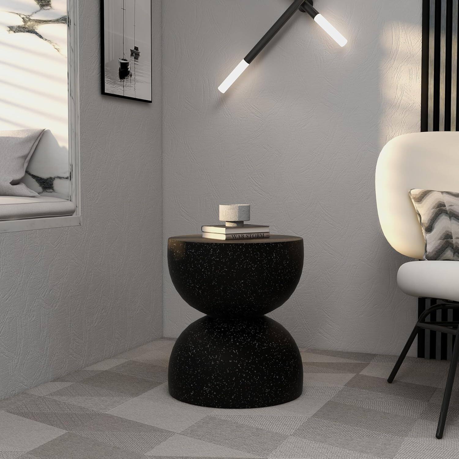 Left. LeisureMod - Sage Fiberstone Half Round Side Table, Weather Resistant Indoor/Outdoor Accent Table & Stool, Fully Assembled - Black.
