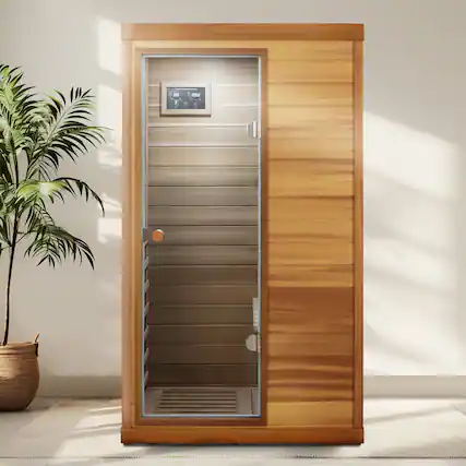 Front. Boyel Living - Red Cedar Mini One-Person Far Infrared Sauna with Left Glass Door and Bluetooth Audio and LED Reading Light - Natural Wood+Caramel.