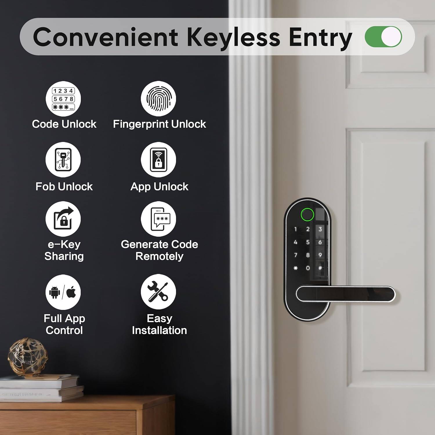 Convenient Keyless Entry

- Code Unlock
- Fingerprint Unlock
- Fob Unlock
- App Unlock
- e-Key Sharing
- Generate Code Remotely
- Full App Control
- Easy Installation