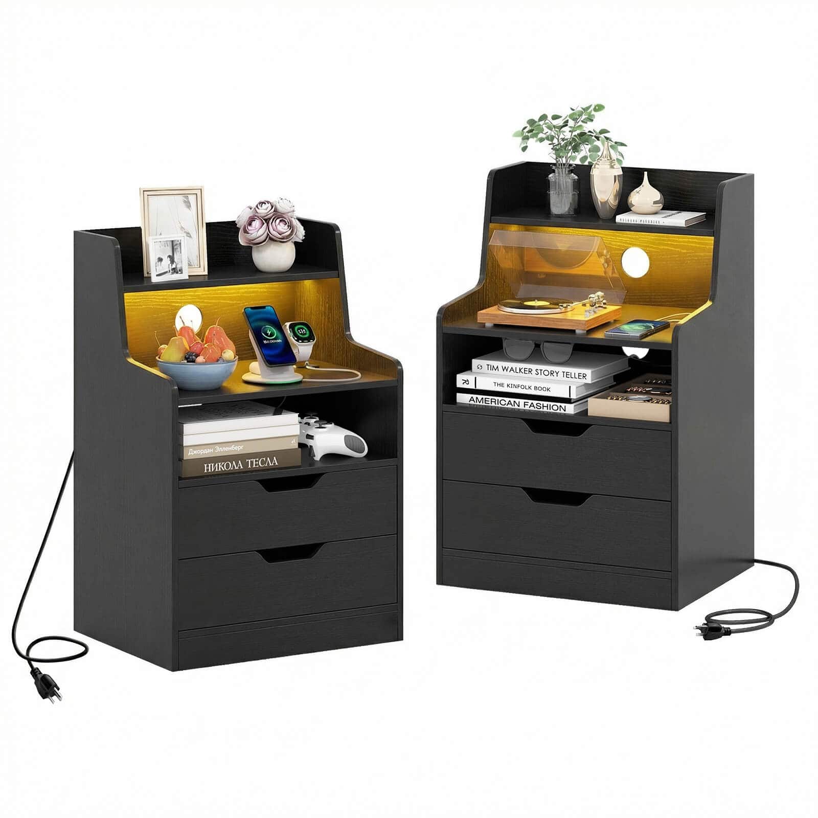 Costway - 2PCS Nightstand with Charging Station, LED Bedside Table with Storage Drawers Shelves - Black