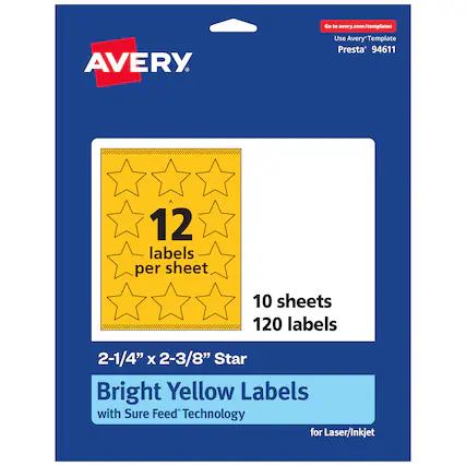 Go to avery.com/templates
AVERY
Use Avery Template Presta 94611
12 labels per sheet
10 sheets
120 labels
2-1/4" X 2-3/8" Star
Bright Yellow Labels with Sure Feed Technology for Laser/Inkjet