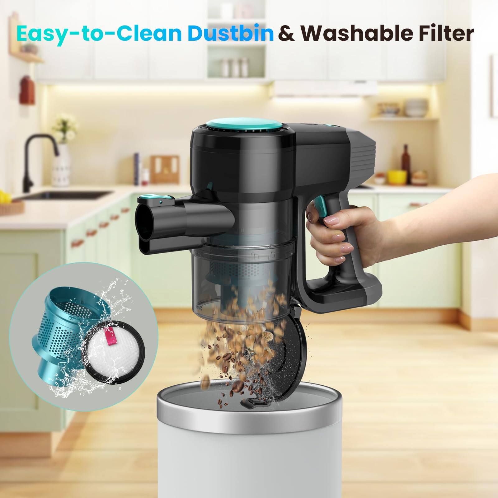 Easy-to-Clean Dustbin & Washable Filter