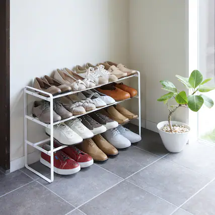 Front. Yamazaki Home - Three-Tier Expandable Shoe Rack (18" H) - Steel - Shoe Rack - White.