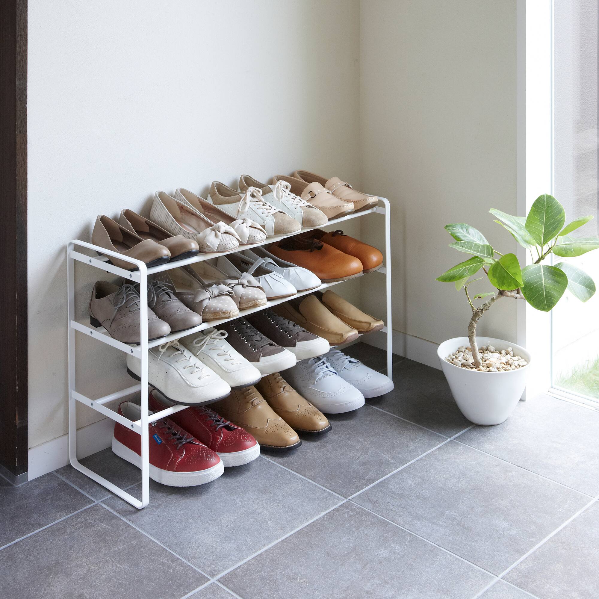 Front. Yamazaki Home - Three-Tier Expandable Shoe Rack (18" H)  - Steel - Shoe Rack - White.