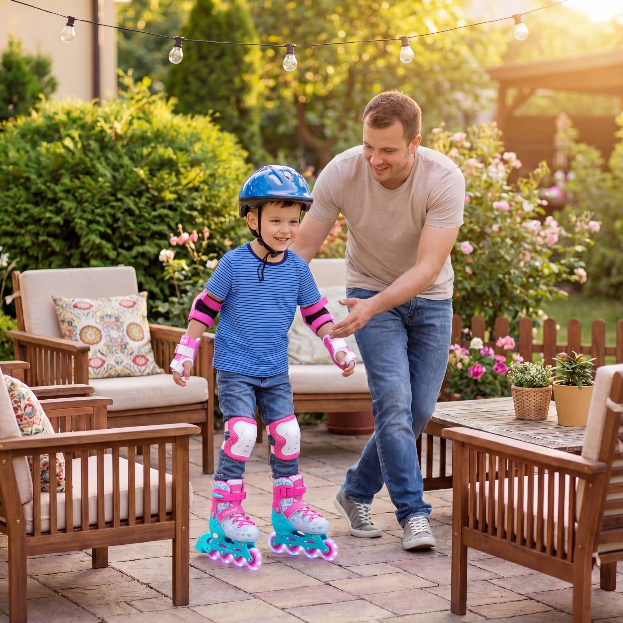 Alt View 3. Costway - Costway Kids Inline Skates for Boys Girls Ages 5-7, Adjustable 4 Sizes Roller Skates with Light Up Wheels - Pink & Blue.
